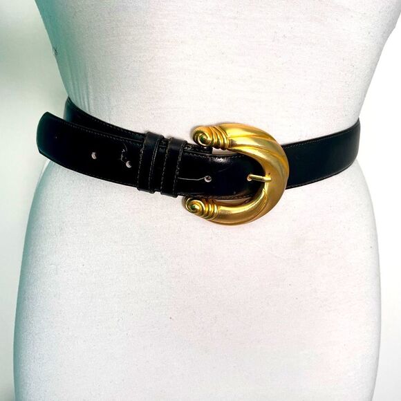 Vintage Milor 80’s Black Bonded Leather Belt Retro Art Deco Style, Size M/L - Picture 1 of 9